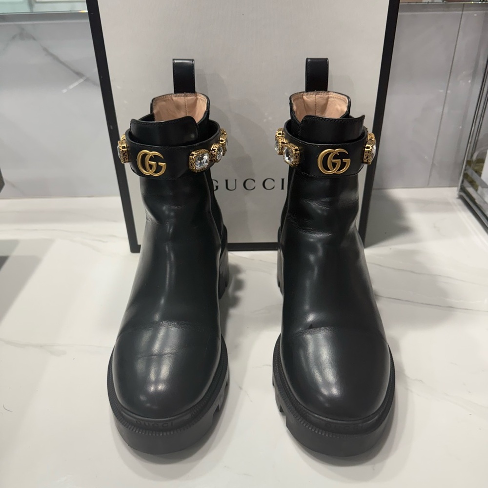 Gucci Magnum Calf Nero Rhinestone Band Black Ankle Boots - Picture 2 of 7